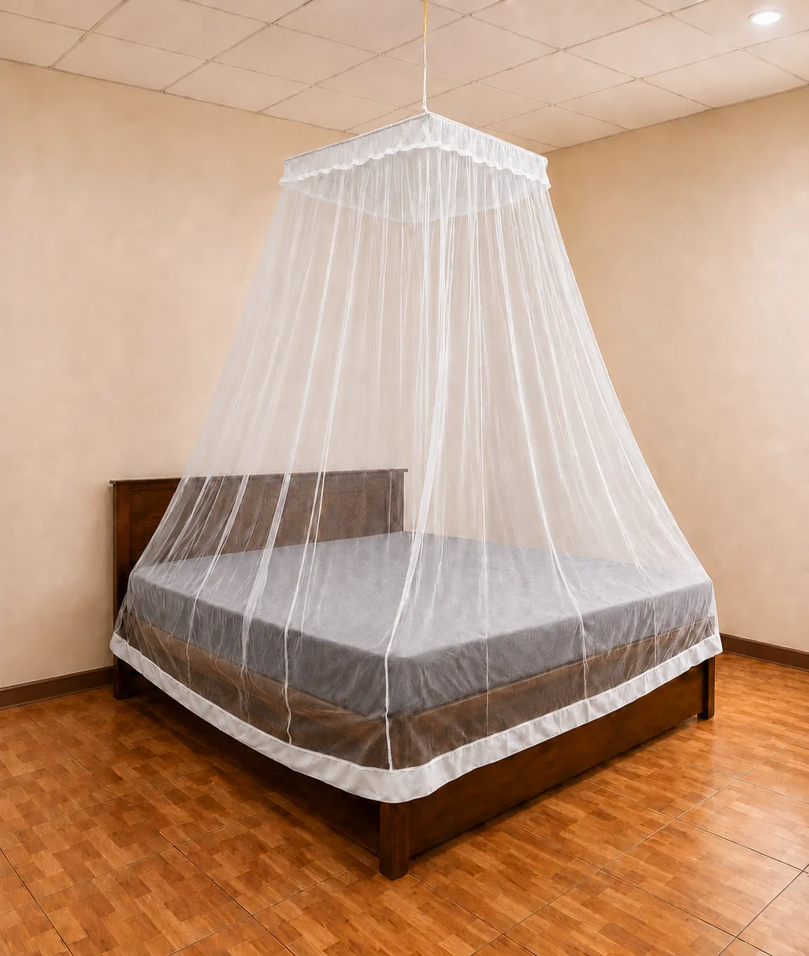 A white mosquito net creating a calm sleeping space